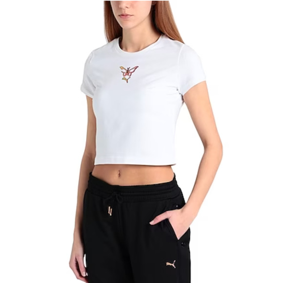 NWOT Puma X Dua Lipa White Babydoll Butterfly Puma Hologram Graphic Crop Tee SM - Picture 1 of 10
